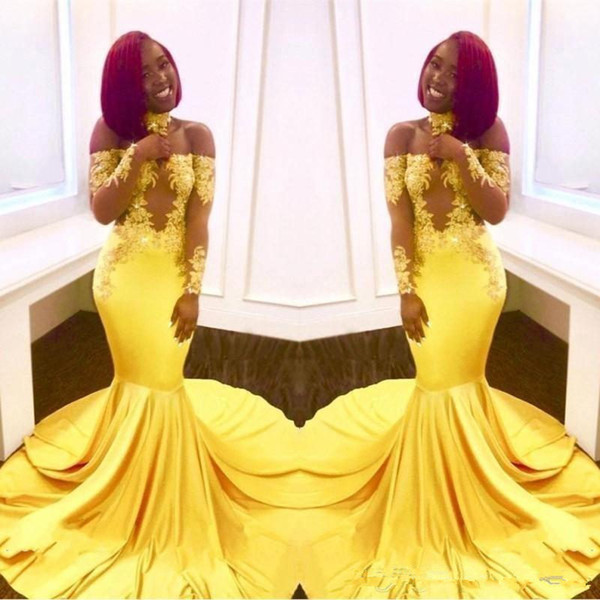 Sexy Yellow Black Girls Mermaid Prom Dresses Lace Long Sleeves Backless Satin Floor Length Formal Party Wear Evening Gowns Custom