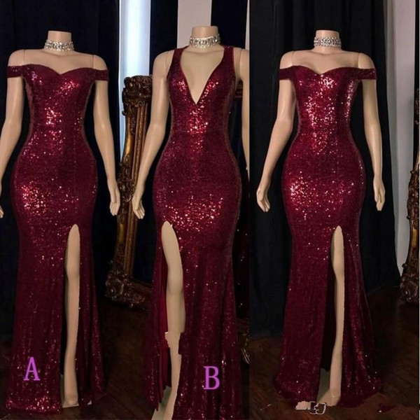 Sexy New Split Side Burgundy Prom Dresses V Neck Mermaid Formal Evening Gowns Plus Size Reflective Dress BC3193