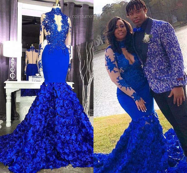 Royal Blue High Neck Mermaid Prom Dresses 3D Flowers Lace Appliques Sheer Long Sleeves African Arabic Formal Party Evening Gowns