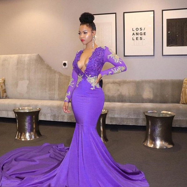 Africa Light Purple Long Prom Dresses Sexy Deep V-neck Beaded Lace Top Long Sleeve Mermaid Black Girl Party Dress Evening Gowns