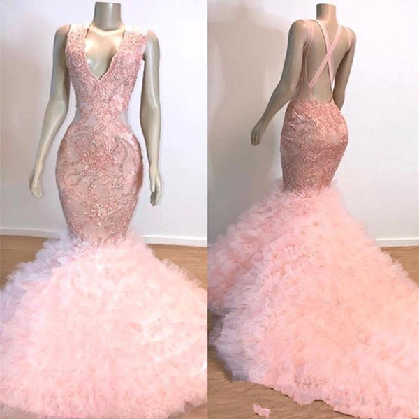 Baby Pink Mermaid African Prom Dresses Cascading Ruffles Train Long Evening Gowns with Applique Sequins Bodice Evening Gowns BC1619