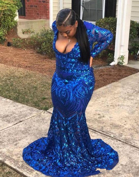 Plus Size Royal Blue Black Girl Mermaid Prom Dresses New Long Sleeve Floor Length Deep V Neck Illusion Evening Dress Party Gowns