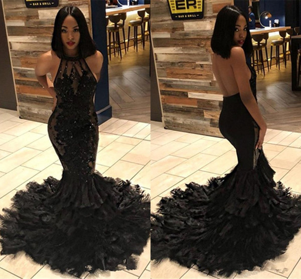 Black Halter Lace Mermaid Long Prom Dresses Illusion Tulle Applique Beaded Feather Layers Sweep Train Formal Party Evening Gowns BC1273