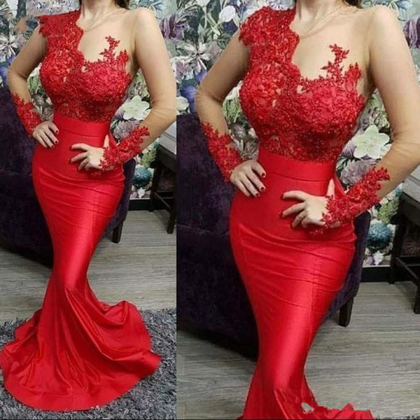 Vintage Red Prom Dresses Sheer Long Sleeve Appliques Sexy Mermaid Illusion Top Satin Floor Length Vestidos de festa Formal Evening Gowns