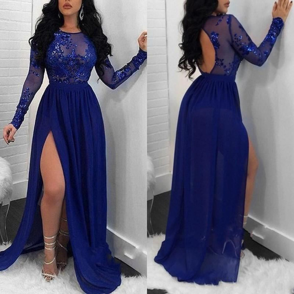 Sexy Royal Blue Lace Appliqued Prom Dress Cheap Side Split Long Sleeves Open Back Evening Gown Long Formal Party Bridesmaid Dresses