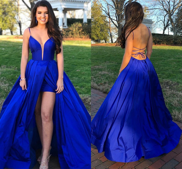 Sexy Royal Blue A-line Prom Dress Cheap Spaghetti Open Back High Side Split Evening Gown Long Formal Party Bridesmaid Dresses BM1548