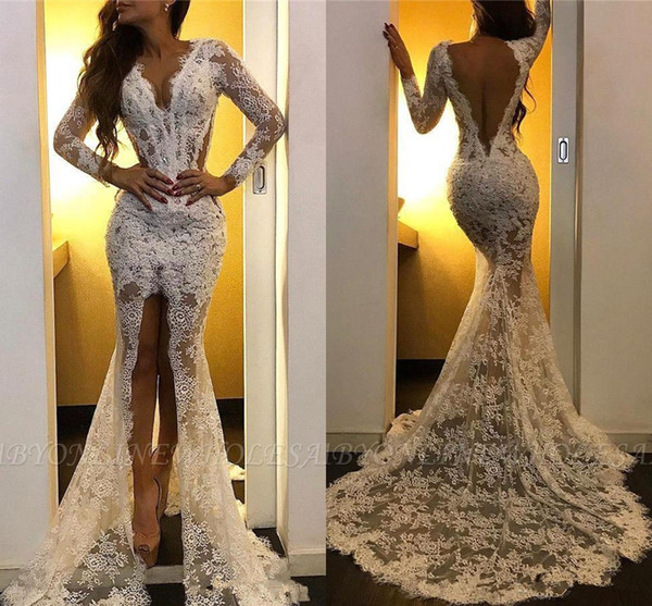 Sexy Full Lace Prom Dresses Cheap See Through High Split Beaded Evening Gown Lgng Sleeves Formal Party Bridesmaid Dresses