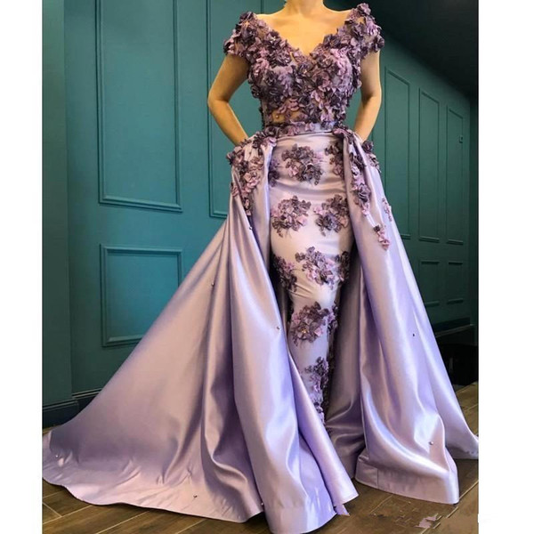 Vintage Lavender 3D Lace Flowers Mermaid Prom Dresses With Detachable Train Luxury Arabic Dubai Evening Party Formal Gown BC2572