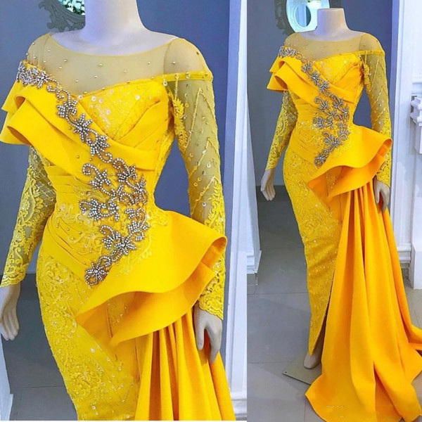 Aso Ebi Sexy Yellow Crystal Beaded Prom Dress Luxury Long Sleeves Appliqued Evening Gown Vintage Arabic Formal Party Bridesmaid Dresses