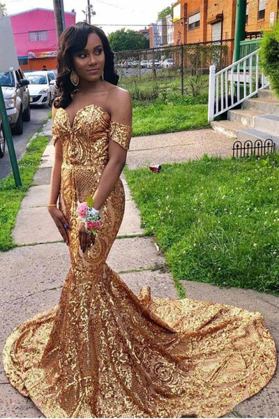 Sparkly Gold Mermaid Prom Dresses Sexy Off Shoulder African Lace Appliques Evening Gown Black Girl Formal Party Dress