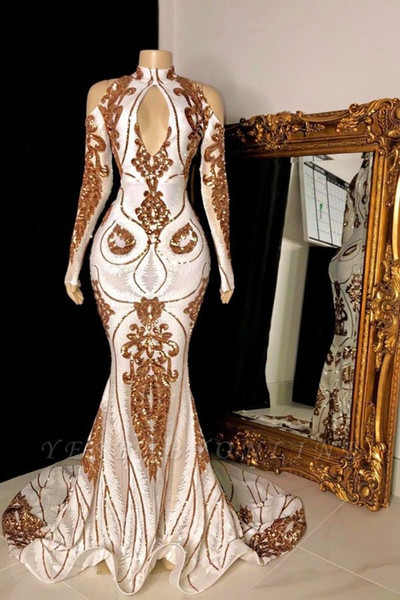 Gold Sequined Mermaid Prom Dresses Sexy High Neck Long Sleeves African Lace Appliques Evening Gown Black Girl Formal Party Dress