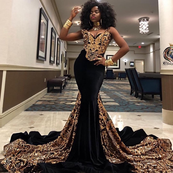 Gold Sequined Mermaid Prom Dresses V Neck South African Black Girls Evening Gowns Plus Size Special Occasion Dress Abendkleider 2K19