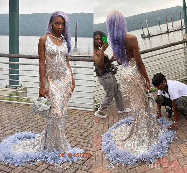 African Silver Feather Mermaid Prom Dresses Long V Neck Mermaid Evening Dress Lace Reflective Gowns