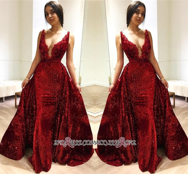 New Red Sequins Mermaid Long Prom Dresses Deep V Neck Lace Applique Sweep Train Formal Party Evening Gowns With Over Skirts BC1514