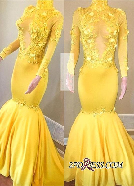 New Yellow Long Sleeve Prom Dresses Mermaid High Neck Vintage African Evening Gowns See Through Keyhole Vestidos de fiesta BC1443