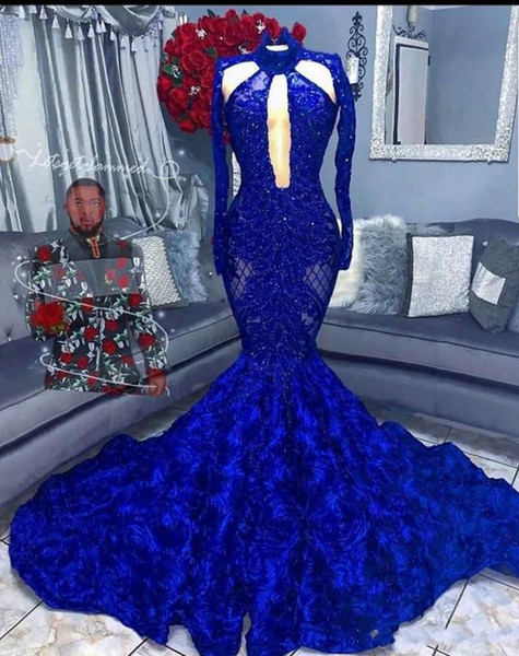 Sexy Royal Blue Mermaid Prom Dresses Long Sleeves Sweep Train Plus Size Formal Evening Special Occasion Gowns Robes De Soirée Cheap