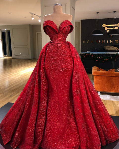 Vintage Red Sparkly Mermaid Prom Dress With Detachable Train Luxury Strapless Evening Gown Long Saudi Arabia Dubai Formal Party Dresses