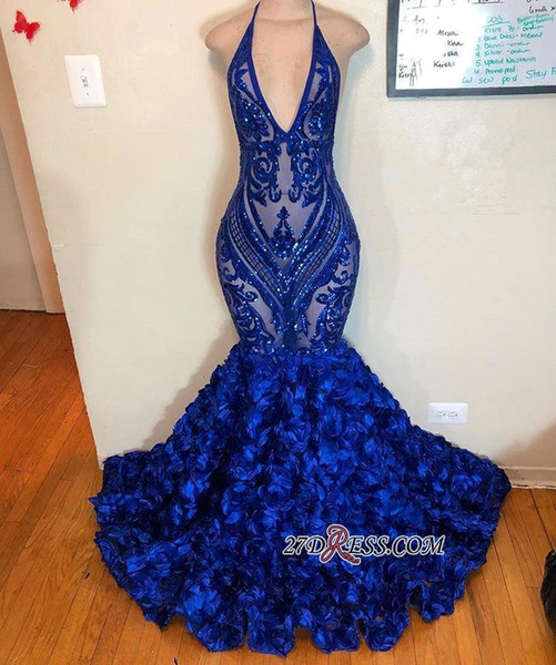 New Sexy Floral Ruffles Royal Blue Mermaid Prom Dresses Sequins Lace Appliques Halter Evening Party Dress BC1368