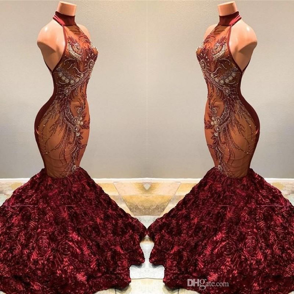 Burgundy Halter High Neck Lace Mermaid Long Prom Dresses Illusion Applique Beaded 3D Flowers Sweep Train Evening Gowns Vestidos De Festa