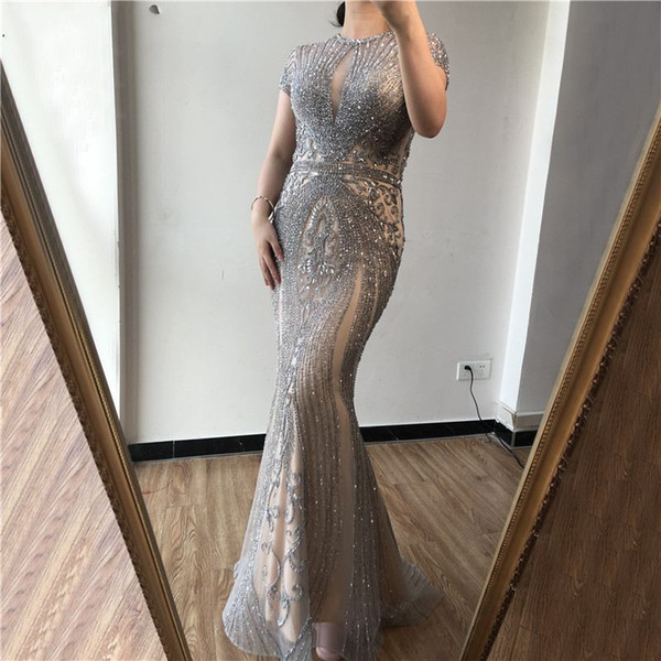 Luxury Shinny Crystal Beaded Mermaid Prom Evening Dress Real Pictures Sheath Formal Party Gown Vintage Sheer Pageant Gown