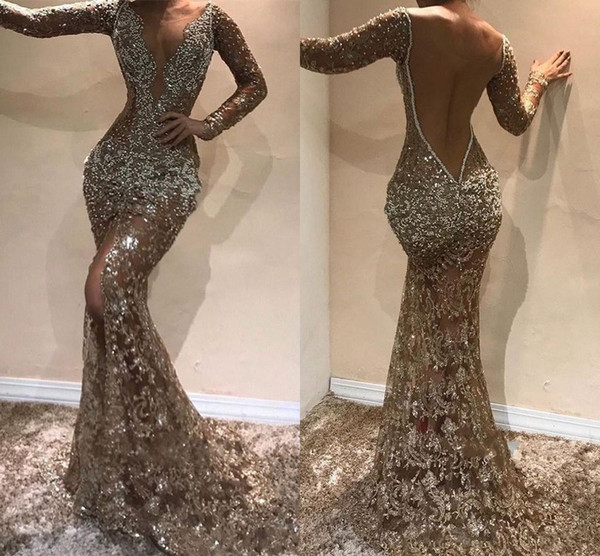 Luxury Sequined Beaded Mermaid Prom Dresses Sparkly Vintage Long Sleeves Open Back Evening Gown Long Formal Party Pageant Dresses