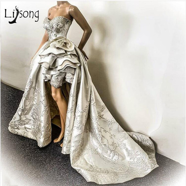 Silver Arabic Hi-Lo Prom Dresses With Attacged Train Sexy High Side Split Lace Appliqued Evening Gown Formal Party Dress