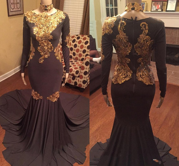 Vestido de festa Arabian Long Sleeve Prom Dresses Brown With Gold Lace Applique Evening Gowns Women Formal Dress Vestido de festa