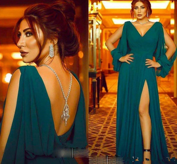 Arabic Celebrity Evening Dresses Chiffon A Line Long Sleeve Chic Party Gowns V Neck Backless High Split Prom Dress