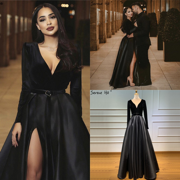 Sexy Deep V Neck Prom Dresses Vintage Velvet Long Sleeves A-line Evening Gown High Side Split Plus Size Formal Party Bridesmaid Dress