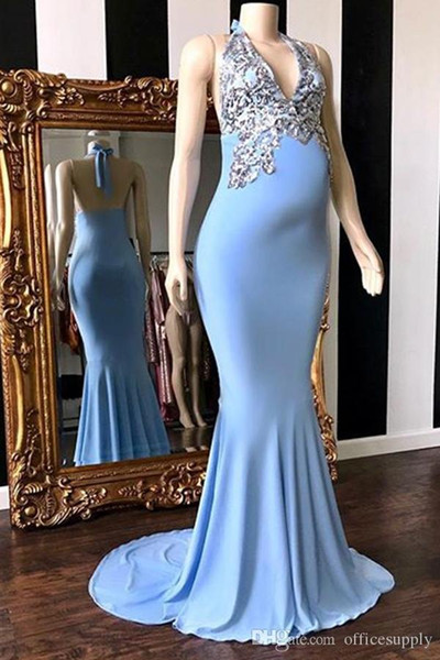 Alluring Mermaid Sky Blue Pregnant Prom Dresses with Silver Sequins Appliques Sweep Train Halter V-neck Backless Evening Gowns