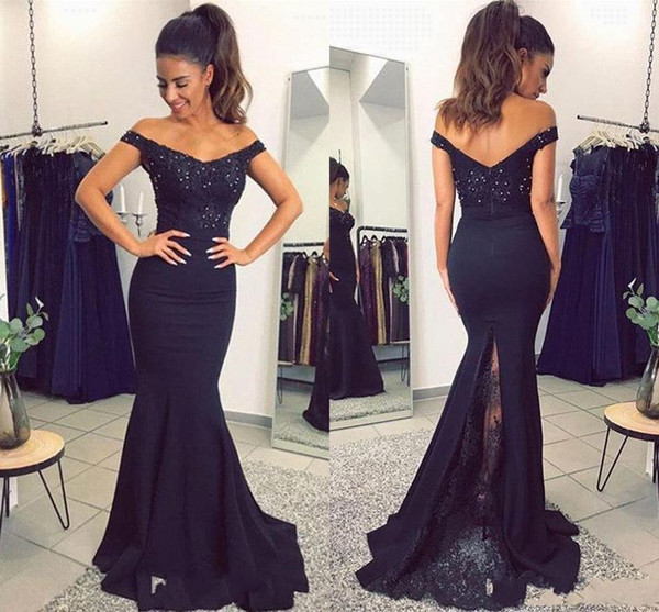 Cheap Navy Blue Mermaid Prom Dress Sexy Off Shoulder Lace Appliqued Evening Gown Elegant Long Formal Prom Evening Party Dresses