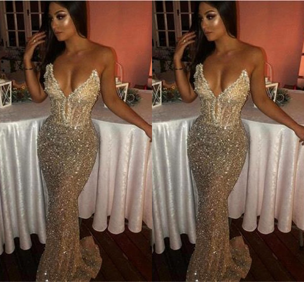 Sequins Shiny Bling Sweetheart Mermaid Prom Dresses Sleeveless Light Champagne Deep V Neck Long Sweep Train Evening Gowns BC1051