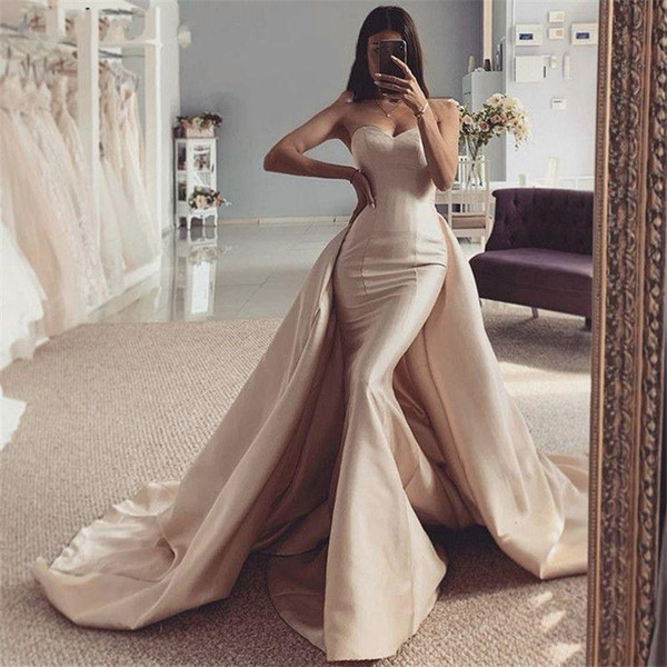 Champagne Evening Dresses With Detachable Train Sweetheart Sleeveless Mermaid Satin Pleated Prom Party Gowns Wear Vestidos De Novia