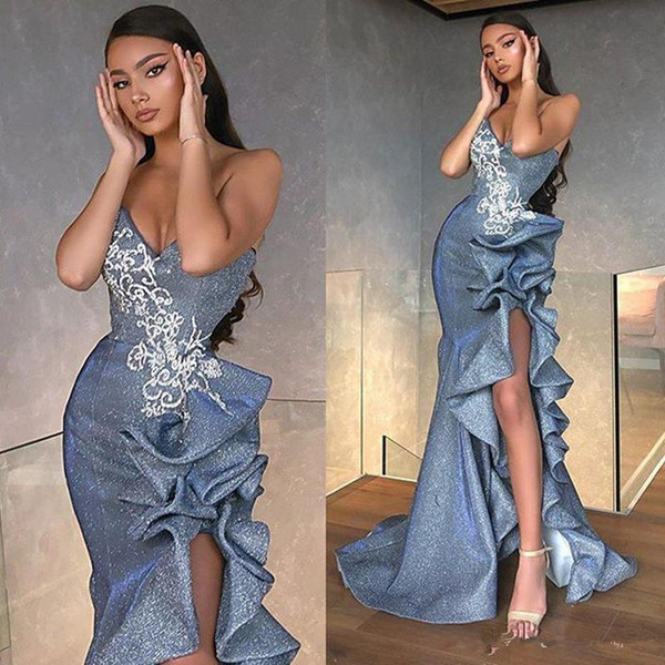 Sexy Side Split Mermaid Prom Dresses with Ruffles Sweep Train Sequins Evening Party Wear Lace Applique Arabic Party Dresses