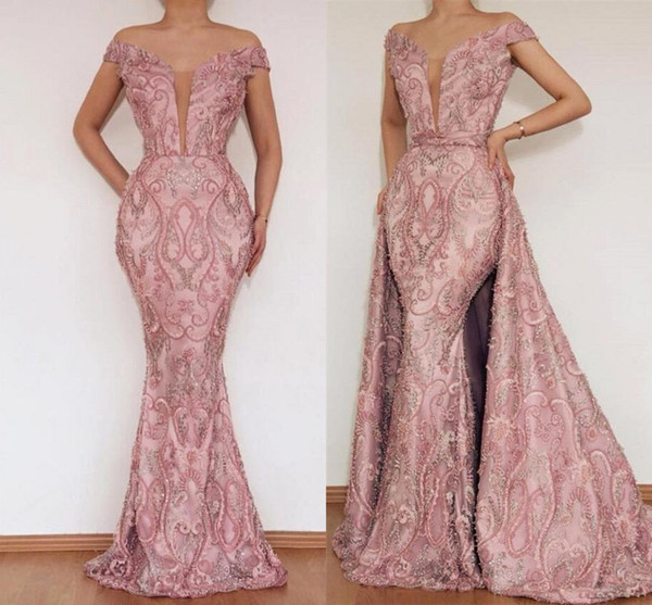 Elegant Blush Pink Lace Appliqued Mermaid Prom Dresses Luxury Off Shoulder Evening Party Gown With Detachable Train Formal Dresses BC2466