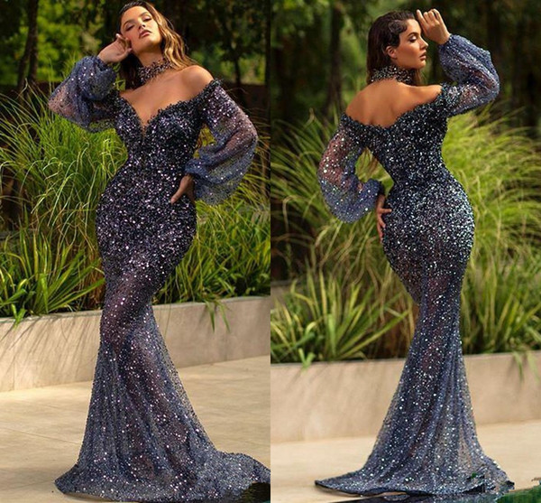 Dark Navy Blue Sequined Mermaid Prom Dresses Sexy Poet Long Sleeves Evening Gown Plus Size High Side Split Formal Party Bridemaid Dress