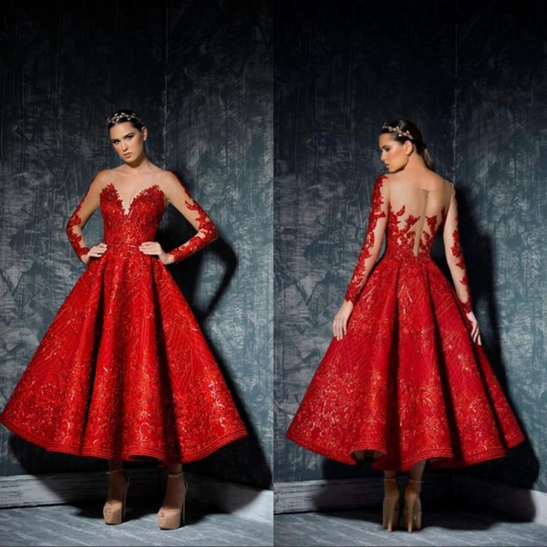 Vestido A Line Tea Length Elegant Red Prom Dress Crew Neck Long Sleeve Lace Party Gown Special Occasion Dresses Evening Gowns