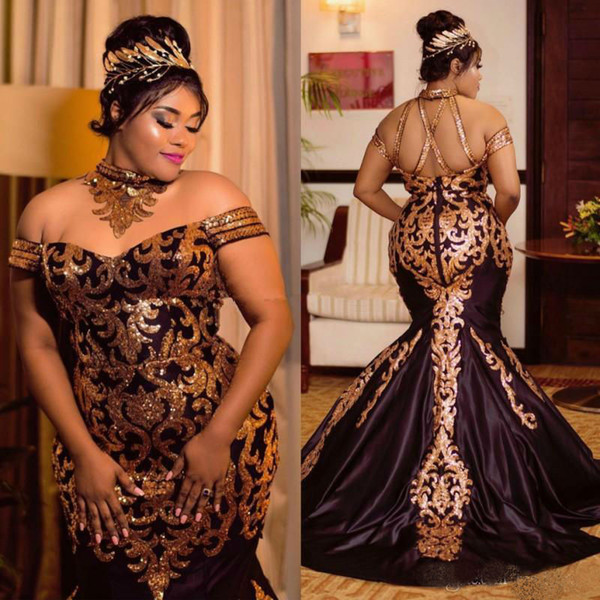 Sparkly Gold Sequined Mermaid Prom Dresses Plus Size Halter Off The Shoulder African Formal Dress Satin Sweep Train