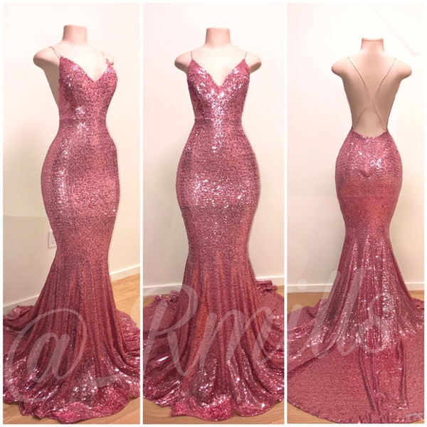 Backless Prom Dresses Mermaid Spaghetti Straps Sequins Sparkle Elegant Long Prom Gown Evening Dresses Robe De Soiree