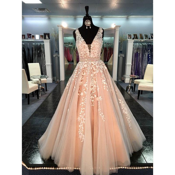 Blush Pink Vestido De Fiesta Princess Champagne A-Line Tulle Prom Dresses Deep V-Neck Appliqued Women Evening Party Gowns