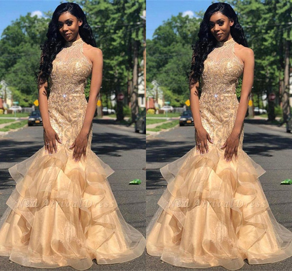 New Elegant Halter Organza Mermaid Long Prom Dresses Beaded Stones Layered Ruffles Floor Length Formal Party Evening Dresses BC1667