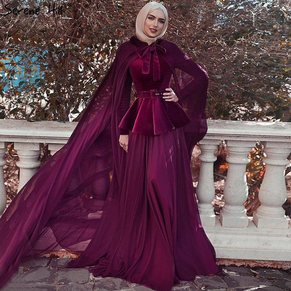 Muslim Wine Red Long Sleeves Prom Dresses High Neck Long Shawl Sashs A-Line Evening Gown Simple Fromal Party Dresses