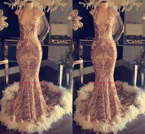 Sexy Gold Sleeveless Prom Evening Dresses Sequins Mermaid Appliqued Feather Party Gown Pageant Dress Plus Size Custom BC1048