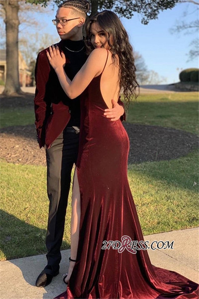 Burgundy Spaghetti Backless Velvet Prom Dress Sexy Deep V Neck High Side Slit Evening Dresses Formal Party Bridesmaid Gown