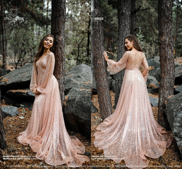 Rose Gold Sequined A-line Prom Dresses With Poet Long Sleeves Sexy Open Back Evening Gown Long Formal Party Bridesmaid Dress