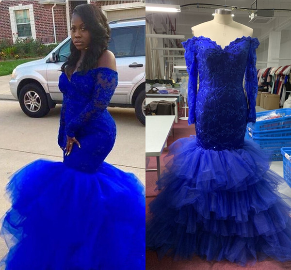 Real Pictures Arabic Aso Ebi Royal Blue Mermaid Prom Dresses Sexy African Long Sleeves Plus Size Evening Gown Off Shoulder Long Formal Dress