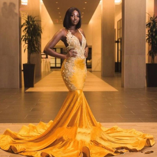 Gougeous Yellow Velvet Long Train Mermaid African Prom Dresses Backless Beads Black Girl Party Gowns Plus Size Long Evening Dresses