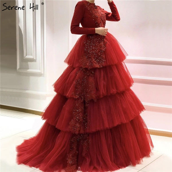 Burgundy Lace Appliqued A-line Prom Dress Vintage Long Sleevess High Neck Evening Gown Ruched Formal Party Gown