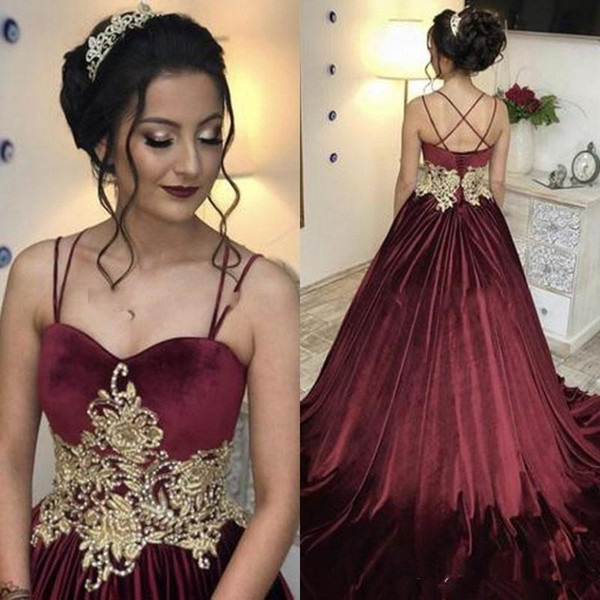 Gold Beaded Burgundy Velvet Prom Special Occasion Dresses Long Spaghetti Straps robes de soirée Long Floor Length Evening Formal Dress