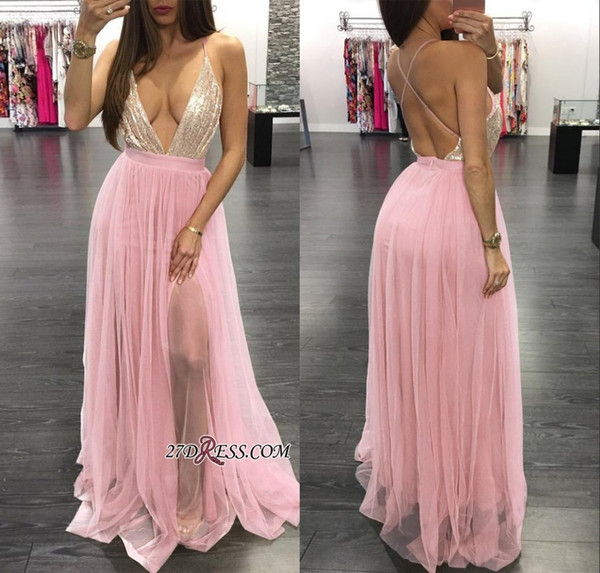 Sexy Deep V Neck Prom Dress Hot Black Girl Sequibed Spaghetti Oped Back A-line Evening Dresses Formal Party Bridesmaid Gown